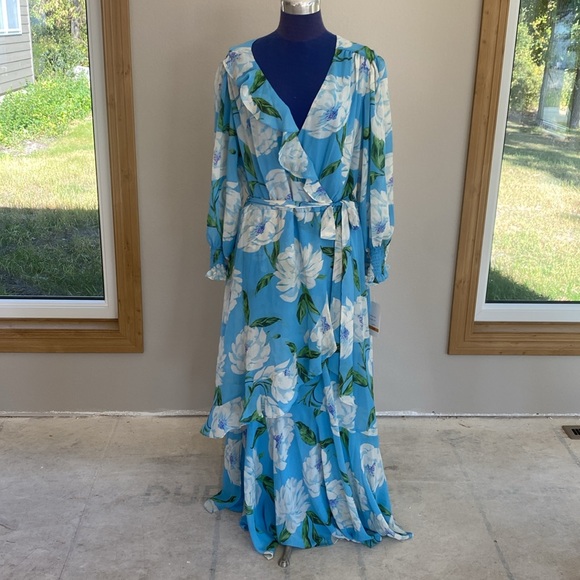 Taylor Plus Size V-Neck Long Sleeve A Line Maxi Dress - Sky Blue Lavender -16W - Picture 2 of 8